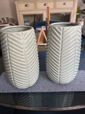 Ashland Light Seafoam Green Textured Leaf Ceramic Vase Pair